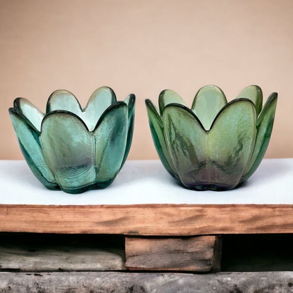 Handmade Green Blue Recycled Glass Flower Candle Holders Made in Spain Set